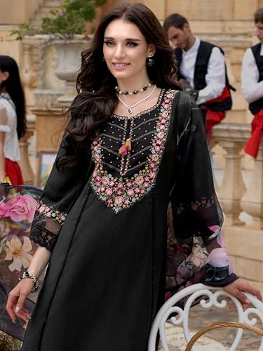 Image of INDO ERA Women's Silk Blend Embroidered A-Line Kurta and Pant with Dupatta Set (Ieout6682)