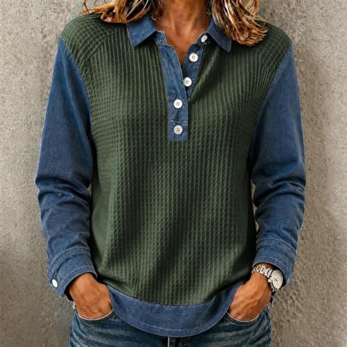 Waffle Tops for Women Jean Patchwork Collared Button Lightweight Shirts - image 5