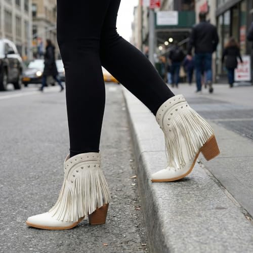 Image of Women's Western Ankle Booties Pointed Toe Cowgirl Boots with Fringe Tassels or Sparkly Rhinestone Fashion Short Boots for Casual Daily Wear