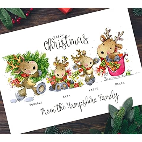 The Whistling Wren - Pack of Large A5 Personalised Reindeer Family Christmas Cards & Kraft Envelopes (Pack of 10 Cards & Envelopes) Cover