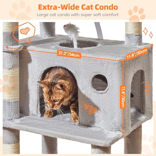Image of Taoqimiao Large Cat Tree, 73 in Tall Cat Tower with 2 Plush Big Cat Condos | 9 Scratching Posts, 2 Top Perches, Cozy Hammock & Basket, Indoor Cats, 2 Pompoms & Mouse Toy, Light Gray, MS013XLW