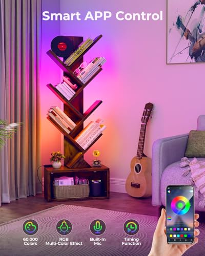 Image of Evermagin 6 Tier Tree Bookshelf with Lights, LED Book Tree Bookcase with Storage Organizer, Small Corner Bookshelf Floor Standing Book Shelf for Living Room, Bedroom & Home Office, Rustic Brown