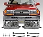 USR DEPO FJ80 Head Lights - Euro Style Front Headlight Set with Plug and Play Wiring Adapters (Left + Right) Compatible with 1991-1997 Toyota Land Cruiser 80 FJ82 (GLASS Lens, with 4 Halogen Bulbs)