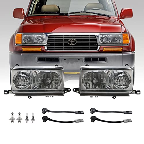 Usr Depo Fj80 Head Lights - Euro Style Front Headlight Set With Plug And Play Wiring Adapters (Left + Right) Compatible With 1991-1997 Toyota Land Cruiser 80 Fj82 (Glass Lens, With 4 Halogen Bulbs) #TOP17