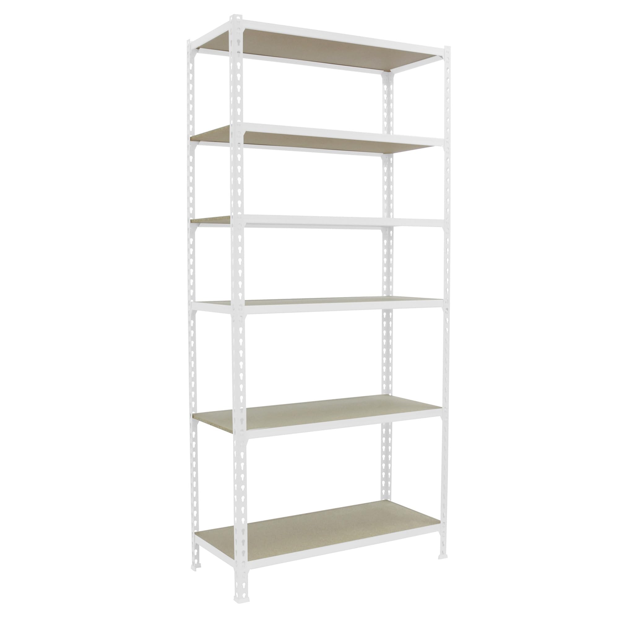 Estantería Metálica Almacenaje Sin Tornillos | 6 Alturas, Bandeja Madera, 150 kg de Punto Flexión, Blanco , Pintura anticorrosión, Montaje sistema clic