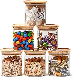EZOWARE Stackable Square Clear Glass Jar Set, Air Tight Canister Kitchen Food Storage Container Set for Candy, Cookie, Rice, Sugar, Flour, Pasta, Nuts (700ml, 6pcs)