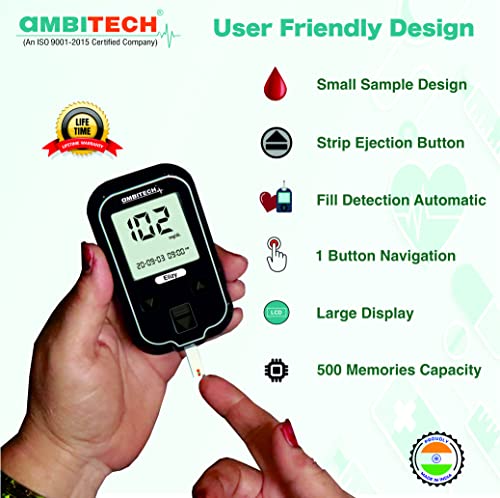 Image of AMBITECH-CONTOUR AmbiTech Elizy blood glucometer and 25 strips with 25 lancets (Made in India) (Life time warranty)
