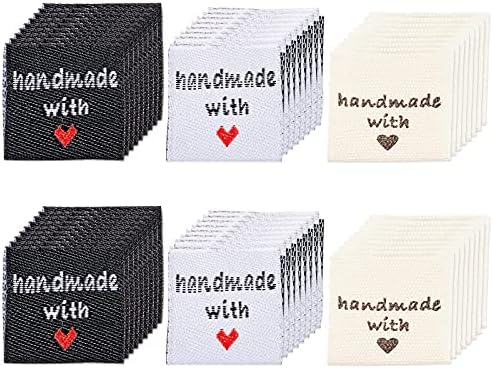 FINGERINSPIRE 180 PCS Woven Sew-on Tags, 3 Colors Handmade Sewing Labels, Pre-cut Sew On Labels with Test Says Handmade with Love for Personalized ...