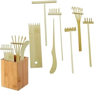 Zen Garden Rake Tool Kit Garden Zen Rake Tools Sand Garden Kits Bamboo Rakes Tool Bamboo Rakes Holder with Rakes Brusher Spoon for Zen Pattern Pyramid Meditation Stress Relief Zen Gifts