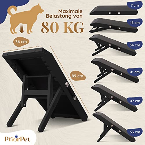 Hunderampe - Hundetreppe für kleine Hunde und große Hunde - Einstellbar 18-53 cm - Für Bett Sofa - Birkenholz - Landeplattform schließt nahtlos an - Rampe Hund Klappbar - Anti-rutsch Einsatz Schwarz