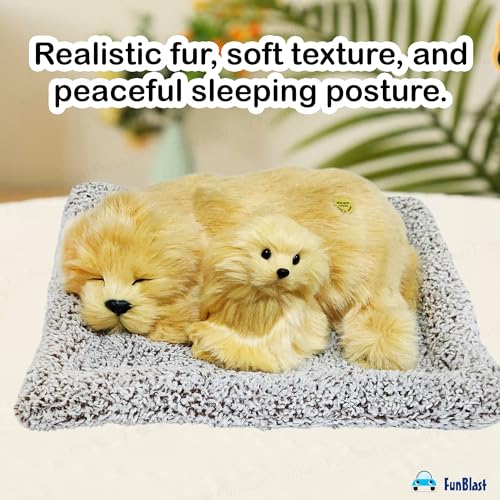 Image of FunBlast Sleeping Cute Dog with Puppy - Realistic Soft & Lifelike Pet Puppy with Bed for Car Dashboard and Home Decor, Sleeping Dog Soft Toy (Light Brown)