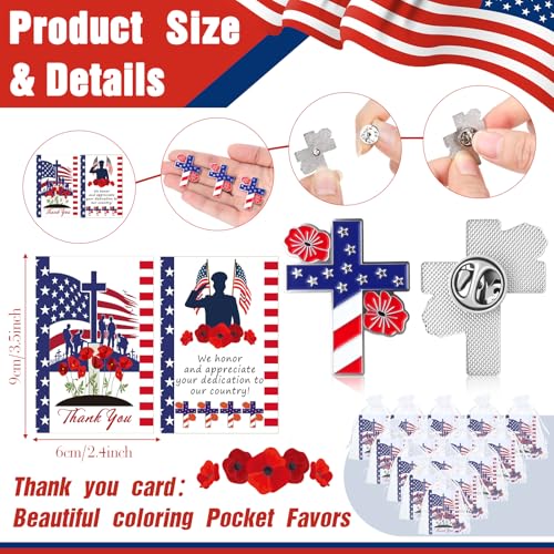 Image of Tondiamo Patriotic Veterans Poppy Lapel Pins Gift Bulk with Memorial Day Thank You Cards Flower Brooch Badge Soldier Souvenir