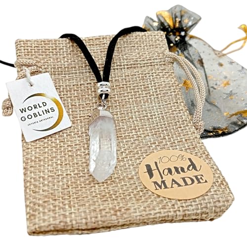 Collar Protección Cuarzo Blanco Natural Cristal de Roca, Colgante Hecho a Mano con Antelina Negra 70cm, Acero Inoxidable 316L, Amuleto Energético Reiki, Piedras curativa curación Chakras (PLATA)
