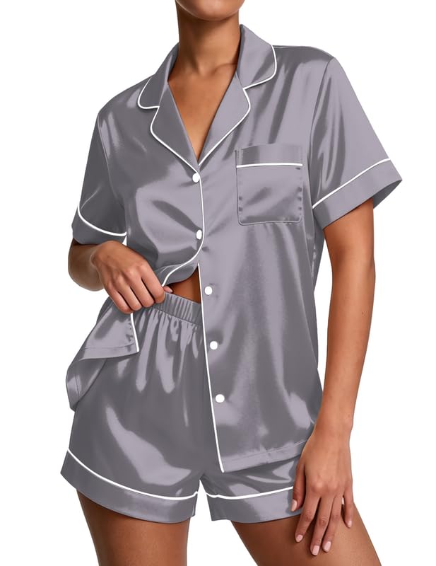 Image of Ekouaer Pajamas for Women Set Silk Satin Pjs Button Down Sleepwear Summer Loungewear Top and Shorts Lounge Set S-XXL