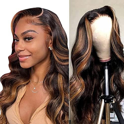 Highlight Lace Front Wig Human Hair Body Wave Ombre Honey Blonde 13x4 Transparent Lace Front Wigs For Women Ombre Brown Lace Front Human Hair Wigs 180% Density Colored 20 Inch 1B/30 Highlight Lace Frontal Wig