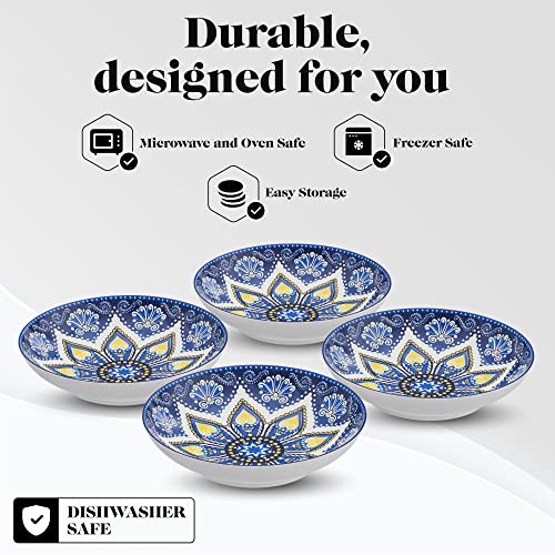 American Atelier Pasta Bowls | Set Of 4 | Large, 9-Inch, Dinner Serving Plates | Wide And Shallow Bowls Set For Pasta, Salad, Soup, Spaghetti, Stews, Or Cereal | Blue & Yellow Medallion Motif #TOP4