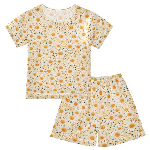 ALAZA Summer Daisy Flower Yellow Pajamas Set Short Sleeve Cotton Sleepwear Summer Pjs 2 Piece 5-14Y
