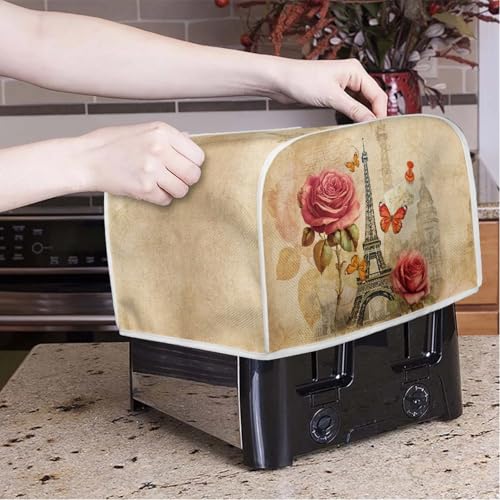 Image of Torre Eiffel Rose Retro Toaster Cover Kitchen Bakeware Protector Fits for Most Standard 2 Slice Toasters, Keep Toaster Free From Dust and Fingerprint Oven Dustproof Cover Decor