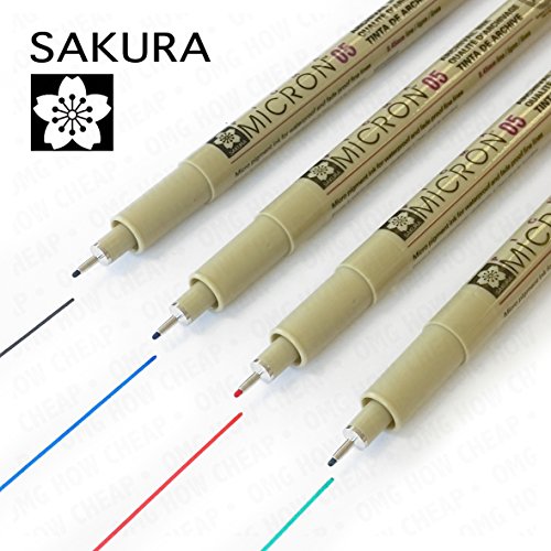 Sakura Pigma Micron  fineliner Pigment  Confezione di 4  0.5 mm, colore: Nero, Blu, Rosso, Verde