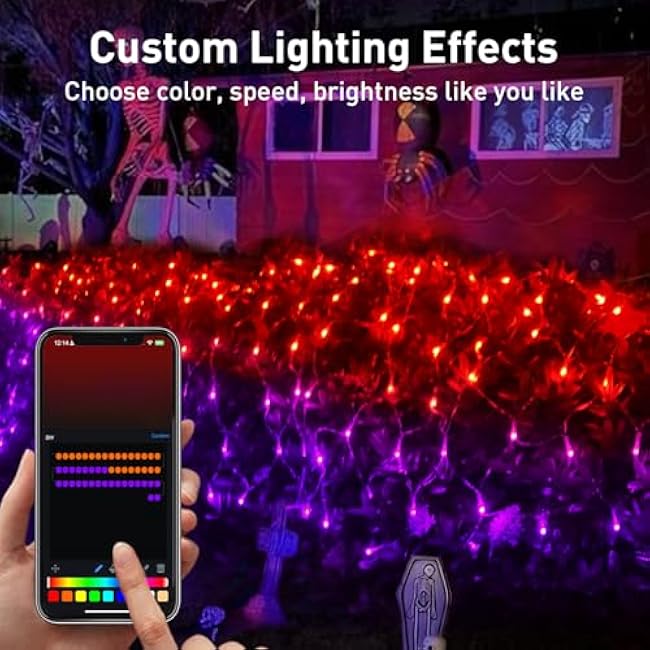 Aoycocr Smart Halloween Net Lights Outdoor, 4 x 6 ft 150 LEDs Bluetooth App Control, 58+ Scene Modes Music Sync, IP44 Waterproof RGB Connectable Mesh Lights for Bush Tree Yard Christmas Decorations