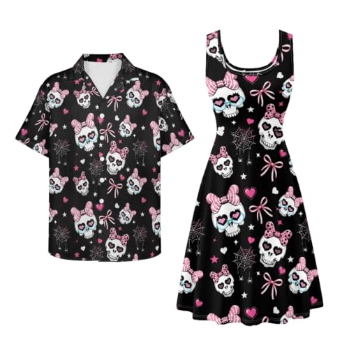 Image of Dreaweet Summer Dresses for Women A-Line Sleeveless Flowy Sun Dresses,Men's Casual Button-Down Shirts,Couple Matching Outfits