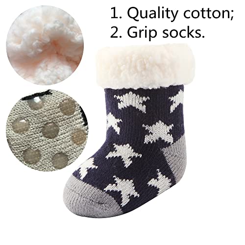 3 Pairs Toddler Girl Boy Sherpa-Lined Fuzzy Socks Anti Skid With Grips, Baby Girl Boy Christmas Socks Kids Slipper Socks (0-1 Year, 3 Pairs Boys) #TOP3