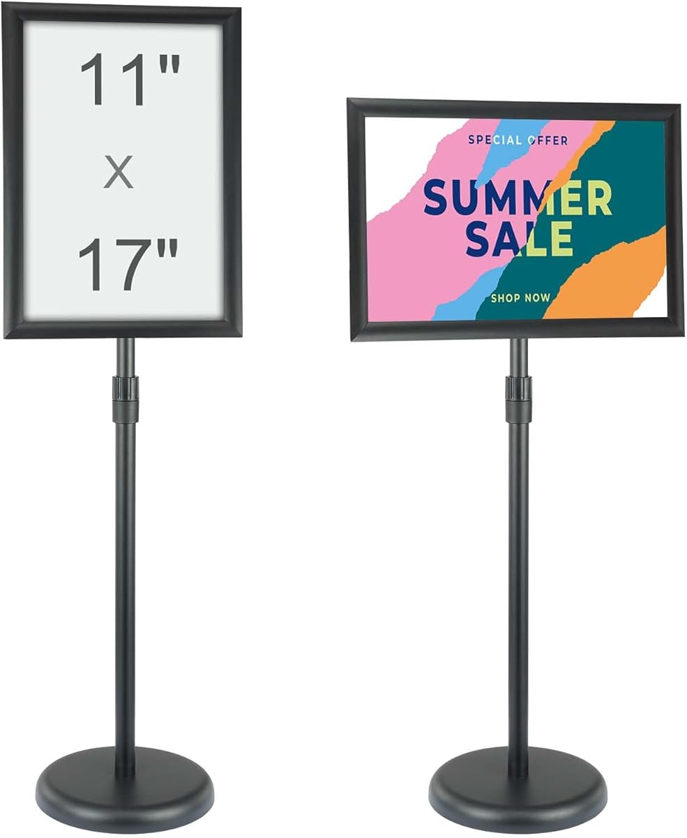 VEVOR Pedestal Sign Holder, 11 x 17 Inch Vertical and Horizontal Adjustable Poster Stand, Heavy-Duty Floor Standing Sign Holder with Round Base for Display, Advertisement, and Outdoor, Black