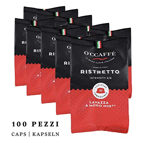 O'ccaffe Café Cápsulas compatibles con Lavazza A Modo Mio | De una empresa italiana | 100 unidades (Ristretto)