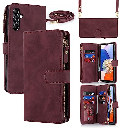 Étui portefeuille Samsung A14 5G avec fermeture éclair et porte-cartes bordeaux