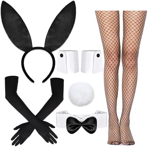 Hasenkostüm Erwachsene, Halloween Kostüm Damen, 8 Stück Bunny Kostüm Frauen mit Hasenstirnband Fliege Handschuhen Manschetten Netzstrümpfen, für...