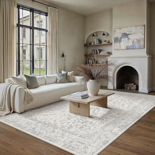 PureCozy Grau Teppich 200x300cm Wohnzimmer Vintage Waschbare Groß kurzflor rutschfest Weich Bumen Boho Retro Teppiche für Schlafzimmer Küchen Esszimmer Bedroom Living Room Büro