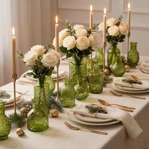 Lot de 12 petits vases en verre, style vintage avec motif structurel, pour fleurs et décoration d'intérieur (vert, 12 pièces) – vue 6