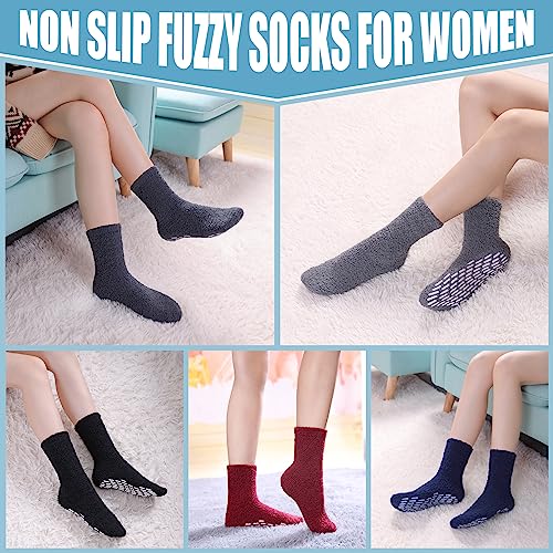 Image of Yebing Non Slip Hospital Socks for Women with Grips Fuzzy Cozy Anti Skid Slipper Socks Winter Warm Soft Fluffy Sleep Socks