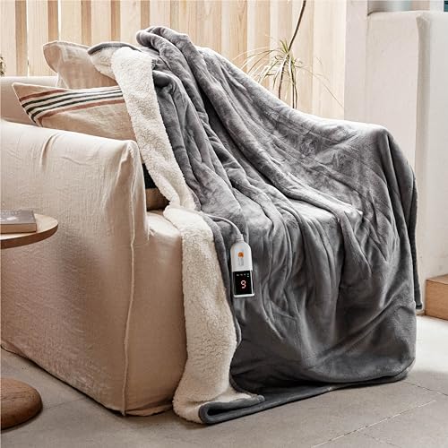 GOTCOZY Heizdecke 130x160 cm - Weicher seidiger Plüsch Wärmedecke Heizdecke 9 Heizstufen und 10 Stunden Auto-Off-Timer Überhitzungsschutz Kuscheldecke für Bett&Büro Waschbar(Grau)