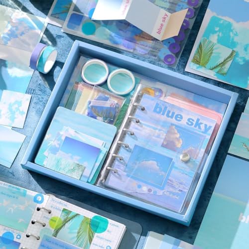Image of 346Pcs Paper Vintage Aesthetic Scrapbook Kit Scrapbooking Supplies Kit With Bullet Junk Journal, Stationery, Washi Stickers A6 Grid Notebook Journaling Gift For Girl (Blue Sky Scrapbook)