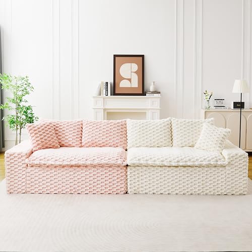 Image of KEIKI 120 inch Modular Boneless Couch Full Chaise for Apartment, 4-Seater Sectional Couches for Living Room Furniture, Deep Seat Corner Sofa Bed for Bedroom Furniture Lounge Pet Friendly, White Pink