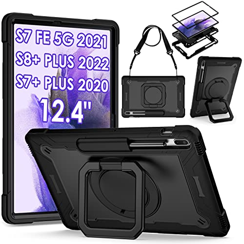 DETUOSI 360 Rotating Hybrid Case for Samsung Galaxy Tab S7 FE 5G/ S8+Plus/ S7+Plus 12.4 with S Pen Holder & Shoulder Strap 360 Degree Swivel Kickstand Heavy Duty Hybrid Bumper Protective Cover