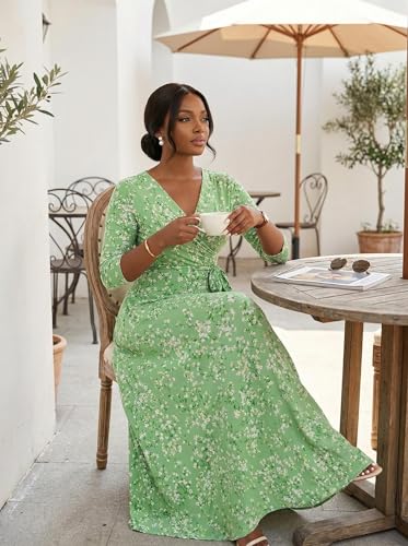 Image of Women's V Neck Floral Maxi Dress 3 /4 Sleeve Plus Size Boho Wrap Flowy Long Dresses with Belt