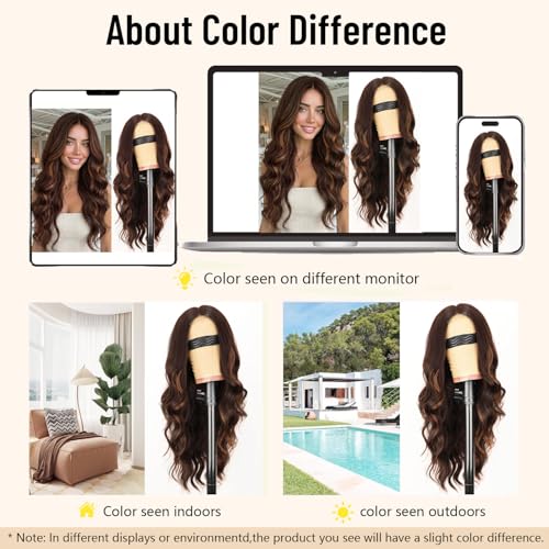 Image of AISI HAIR Chocolate Copper Brown Mixed Light Brown Wig for Women, Long Wavy Lace Hairline Middle Part Synthetic Heat Resistant Wig for Daily Party-26 Inch