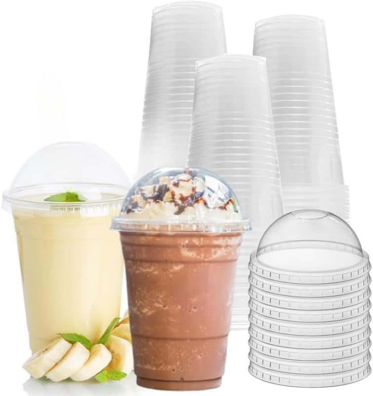 Strong Clear Plastic Smoothie Cups with Dome Lids Reusable, Crystal Clear, Durable, and Leak-Proof | Perfect for Juices, Milkshakes, Iced Coffee, and Beverages| Pack of 50, Size 12oz (355ml)