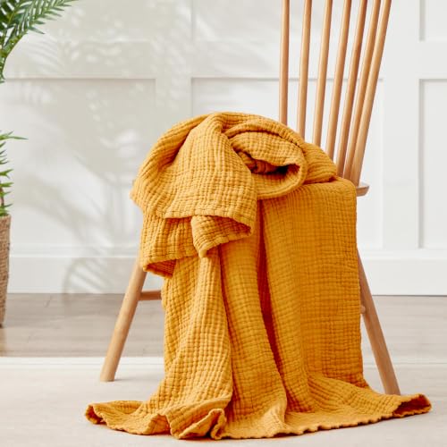 Image of 100% Cotton Muslin Blanket for Adults, 6-Layer, Queen, 90 x 90, Yellow