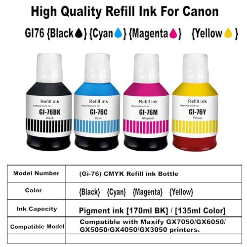 Image of CANOFF GI-76 Ink Bottle Water Based Refill Ink Suitable for Canon MAXIFY GX5070,GX6070,GX7070 Printer (Black Pack of 1, 170ml)