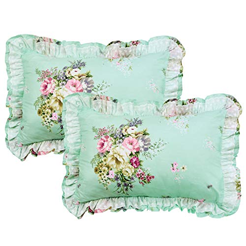 Fadfay Shabby Green Floral Bedding 100% Cotton Princess Lace Ruffle Girls Duvet Cover Set With Bedskirt, 4Pcs, Cal King Size #TOP3