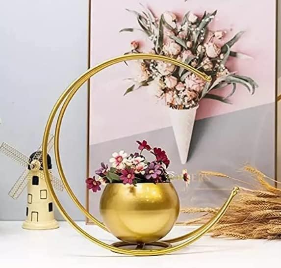 MD Handicrafts Modern Metal Geometric Design Flowers Vase Gold Finished Home Office Entry Hall Livingroom Garden Balcony Nursery Decor - Table Decoration Gifting Wedding Pooja Decor