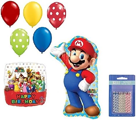 Super Mario Brothers 7 Piece Mylar Latex Balloon Bouquet Party Decorations Birthday Plus Candle