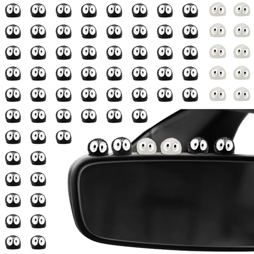 60Pcs Soot Sprites Car Mirror Decorations - 50 Black & 10 Glow in The Dark Rearview Mirror Charms - Kawaii Anime Inspired Ornaments for Dashboard, Hanging Decor - Unique Gift for Easter, Christmas