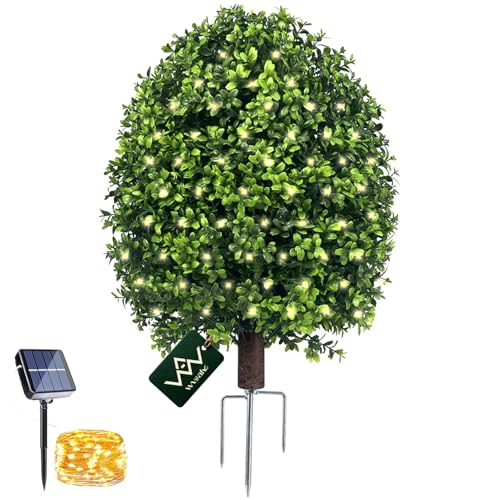 WVSAFV Boxwood Topiary Trees Artificial Outdoor, UV-Resistant Artificial Plants with Solar Power Accessories, Evergreen Fake Boxwood Balls Bush for Front Porch Garden Yard Balcony Decor, 1-Pack