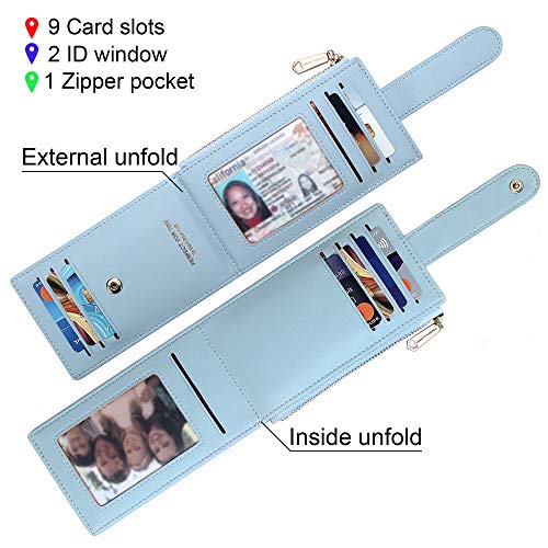 Image of Badiya Slim Women Wallet RFID Blocking Bifold Compact 9 Card Slots Holder Wallets Soft Leather with Zipper Coin Pocket 2 ID Window