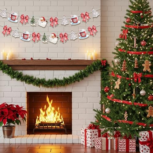 Image of Oudain 2 Pack Christmas Paper Garland Red White Decoration 6.56 ft Hot Cocoa Red Bow Santa Claus Christmas Trees Red Bow Hanging Bunting Banner Flags for Xmas Party Mantel Fireplace Decorations