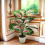 Artificial Monstera Plant with Yellow and Green Leaves, Turtle Leaf Hyphosis Artificial Plants Green Bonsai Simulated Plant Potted for Room Decor Home Garden Ornament (Red(No Flowerpot), 60cm)